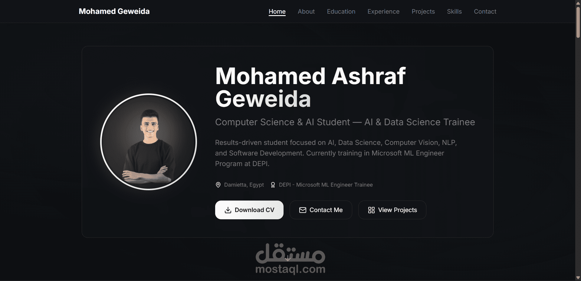 موقع بورتفوليو احترافي حديث (React + TypeScript + Tailwind)