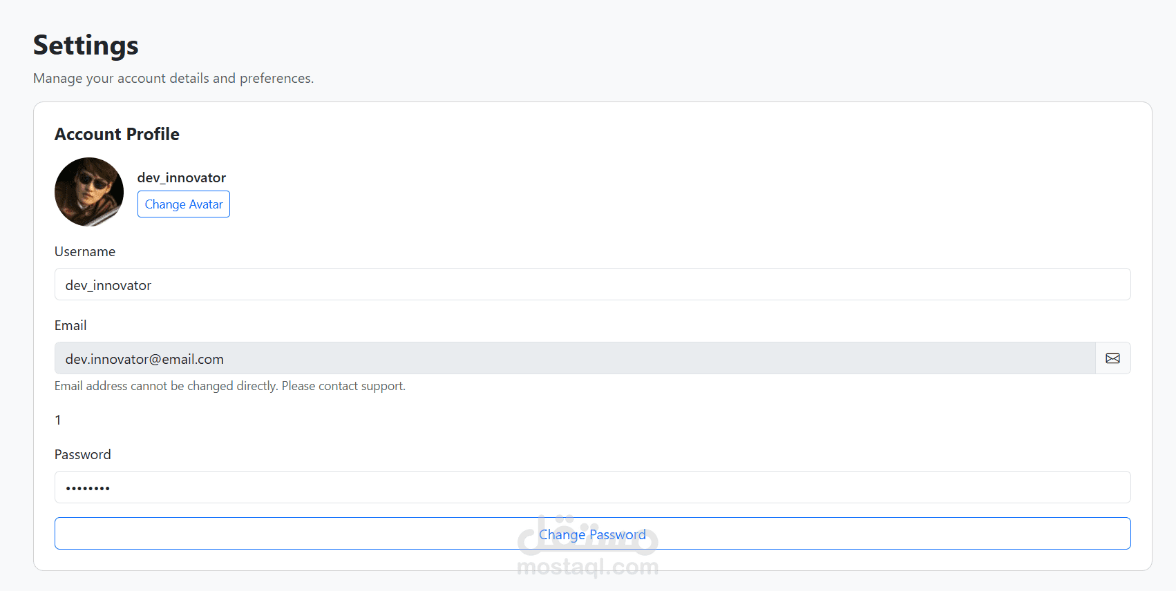 Settings Page Profile