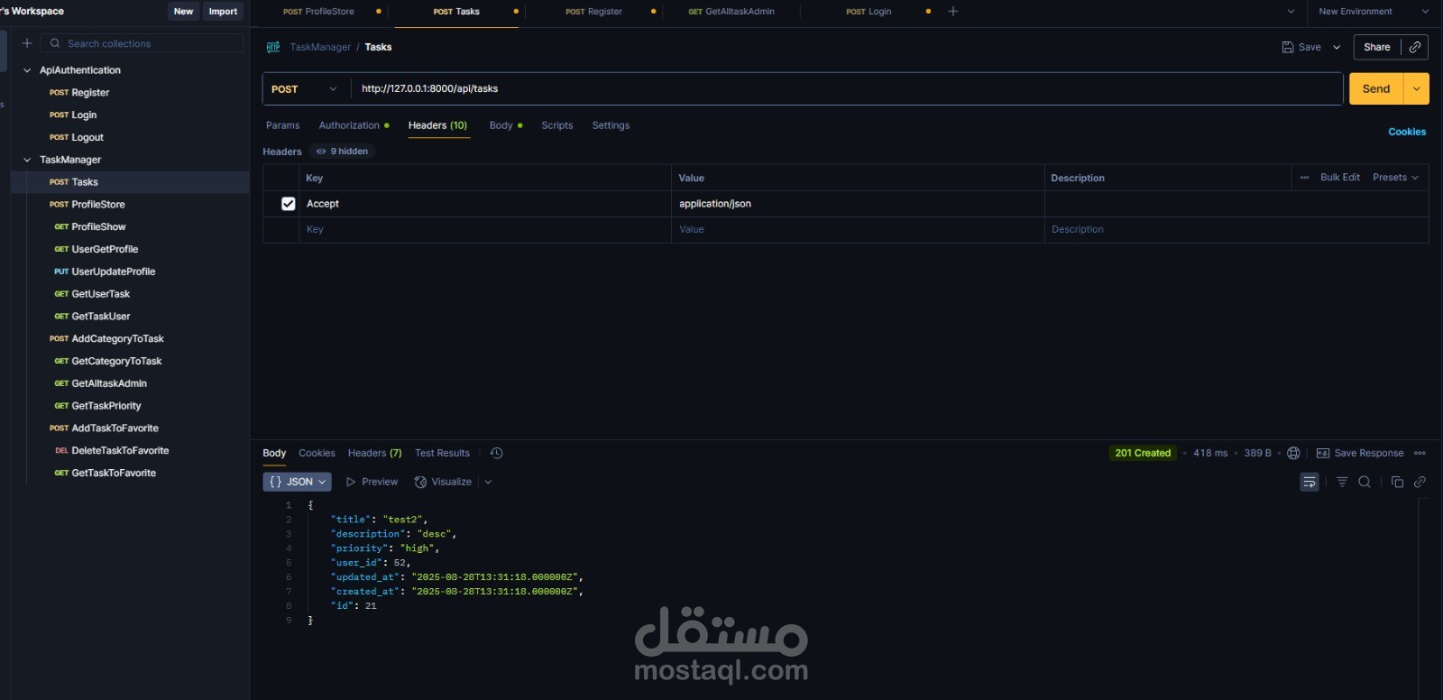 Task Manager – RESTful API Project (Laravel + MySQL)
