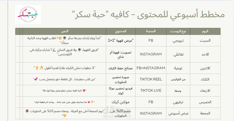 انشاء خطة محتوي اسبوعية - Weekly content calendar