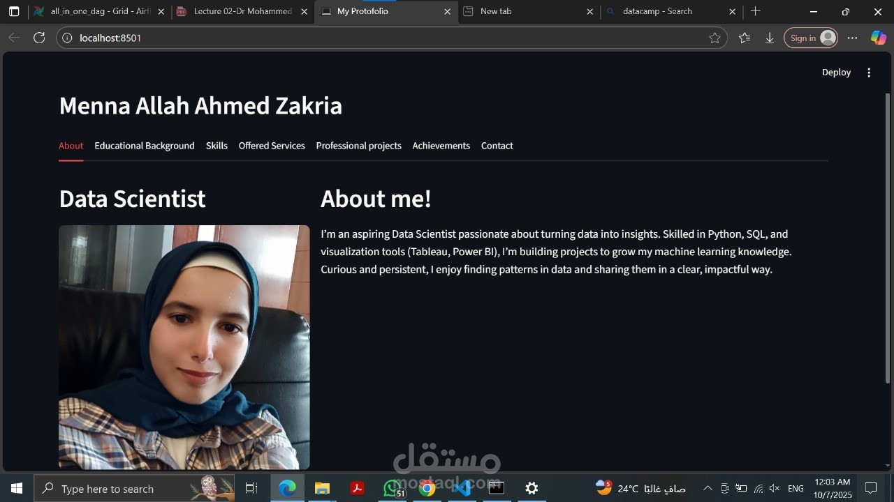 تطوير بورتفوليو تفاعلي باستخدام Streamlit لعرض السيرة الذاتية والمشاريع