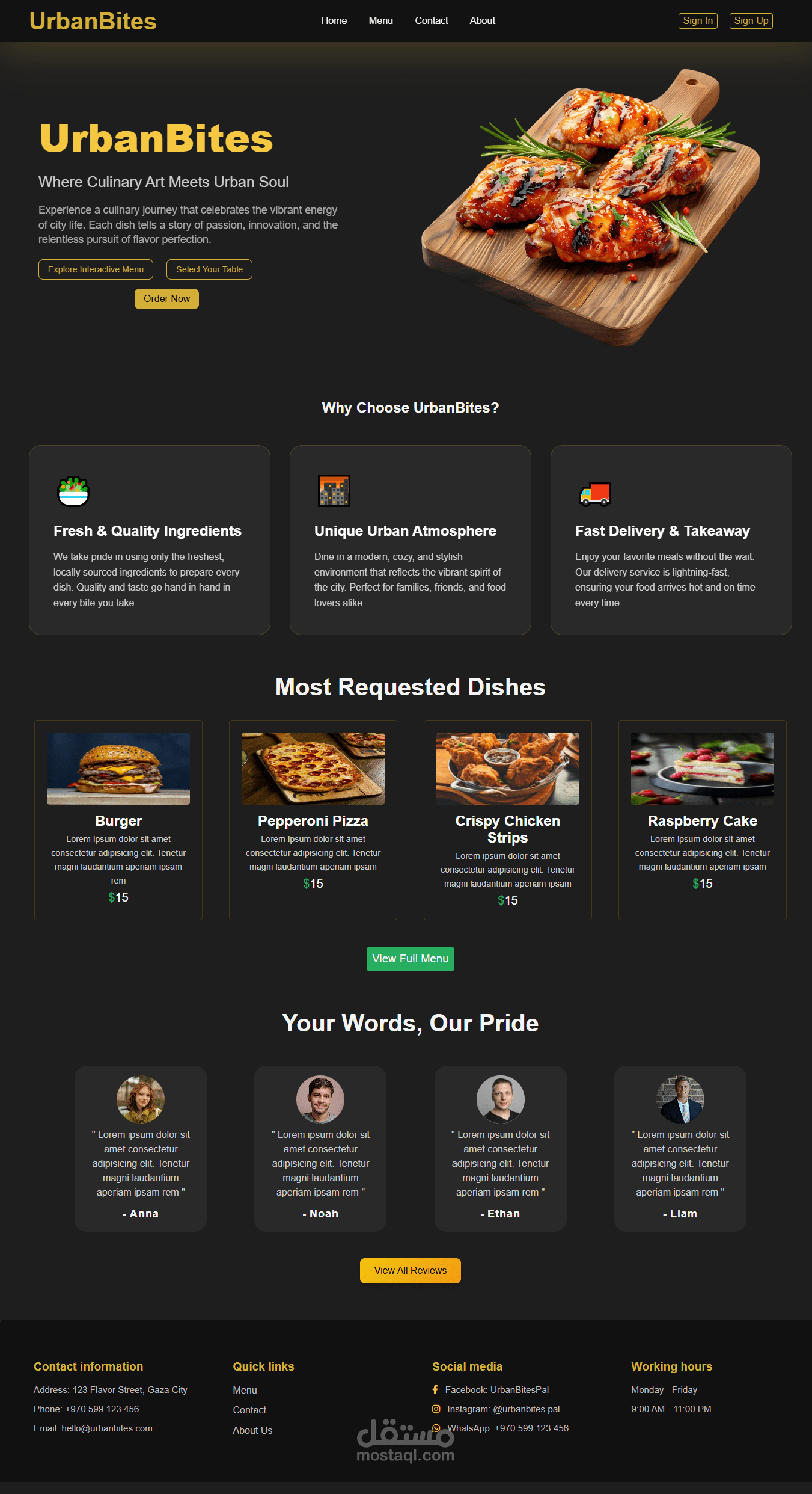 تصميم واجهة موقع UrbanBites – مطعم عصري بخبرة تجربة مستخدم احترافية
