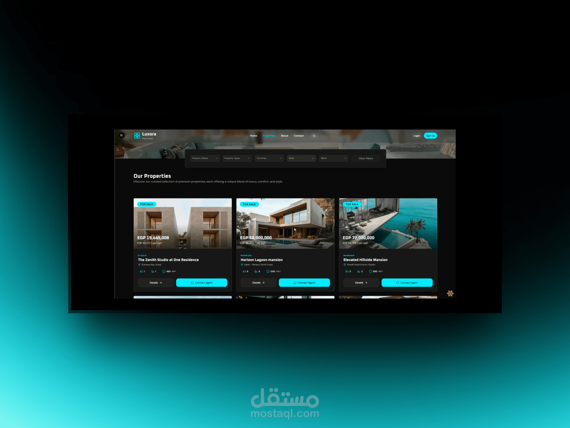 Luxora – Real Estate Platform لبيع العقارات والتواصل مع الوكلاء Next.js & Strapi