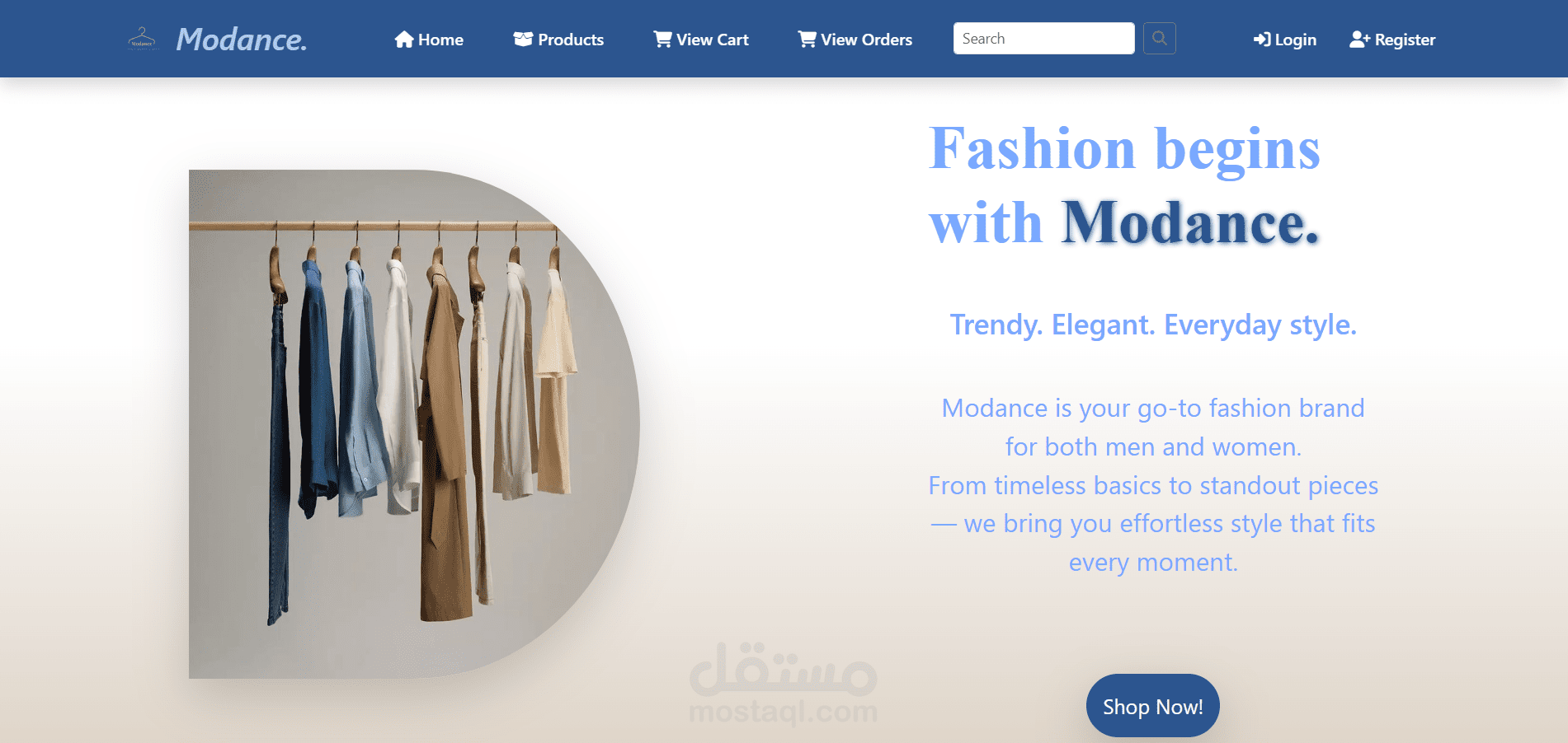 واجهة أمامية متكاملة ومتجاوبة للمتجر الإلكتروني Modance باستخدام تقنيات الويب الحديثة (HTML5, CSS3, JavaScript, Bootstrap 5)، مع التكامل مع واجهة برمجة تطبيقات (API) حية لجلب وعرض بيانات المنتجات بشكل ديناميكي.