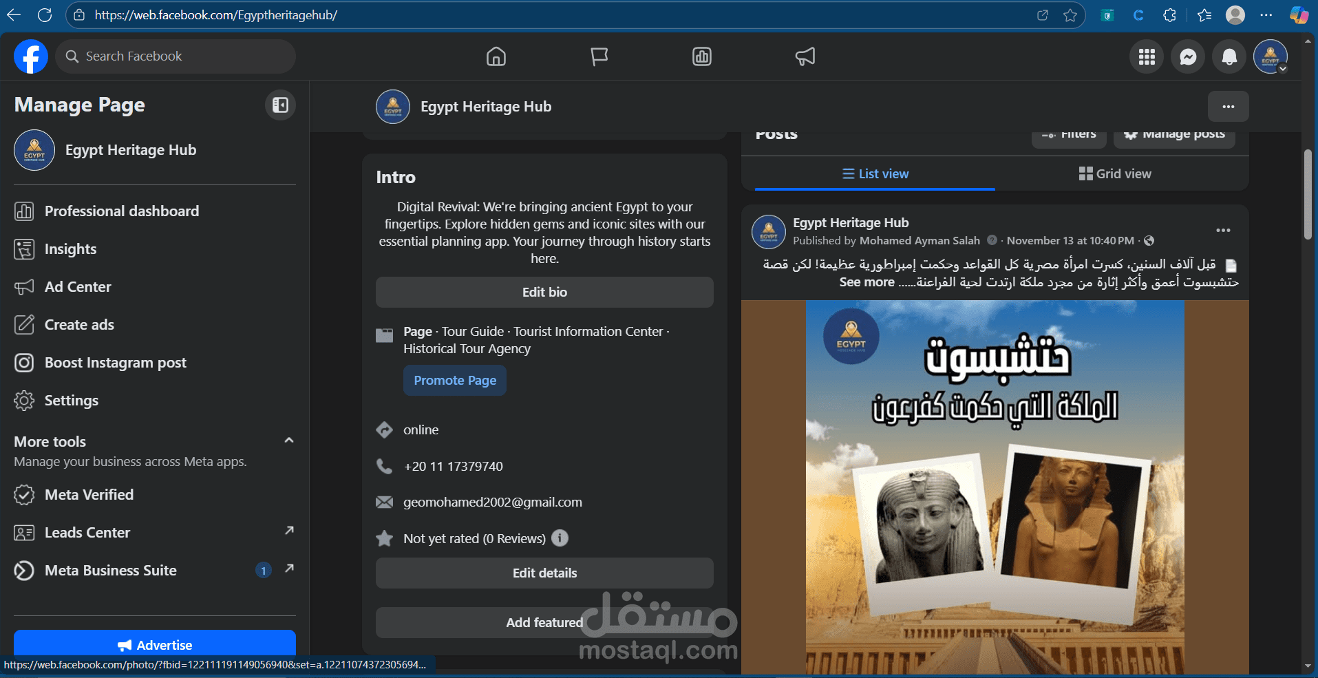 انشاء واداره صفحegypt heritage hub