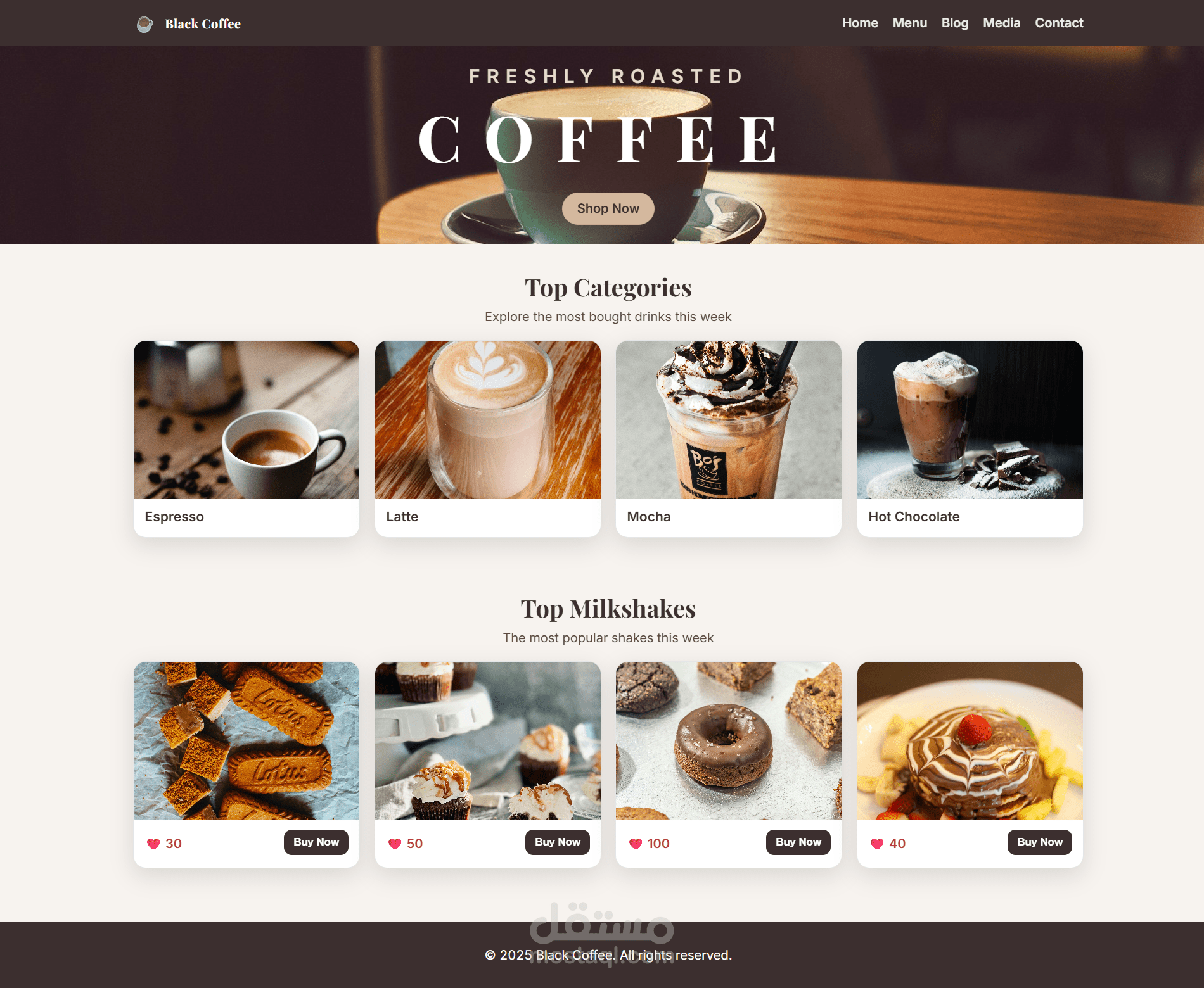 تصميم وتطوير واجهة موقع إلكتروني  Black Coffee المتخصصة في تقديم القهوة، المشروبات الساخنة والباردة، والحلويات