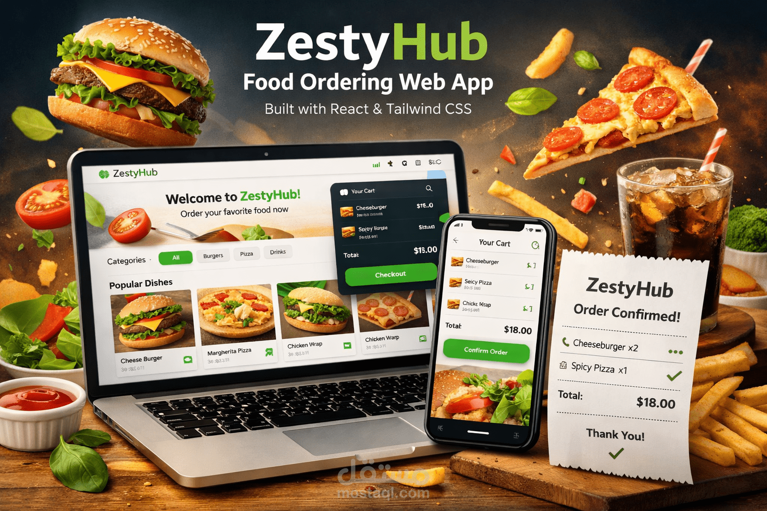 ZestyHub – Food Ordering Web App (React & Tailwind)
