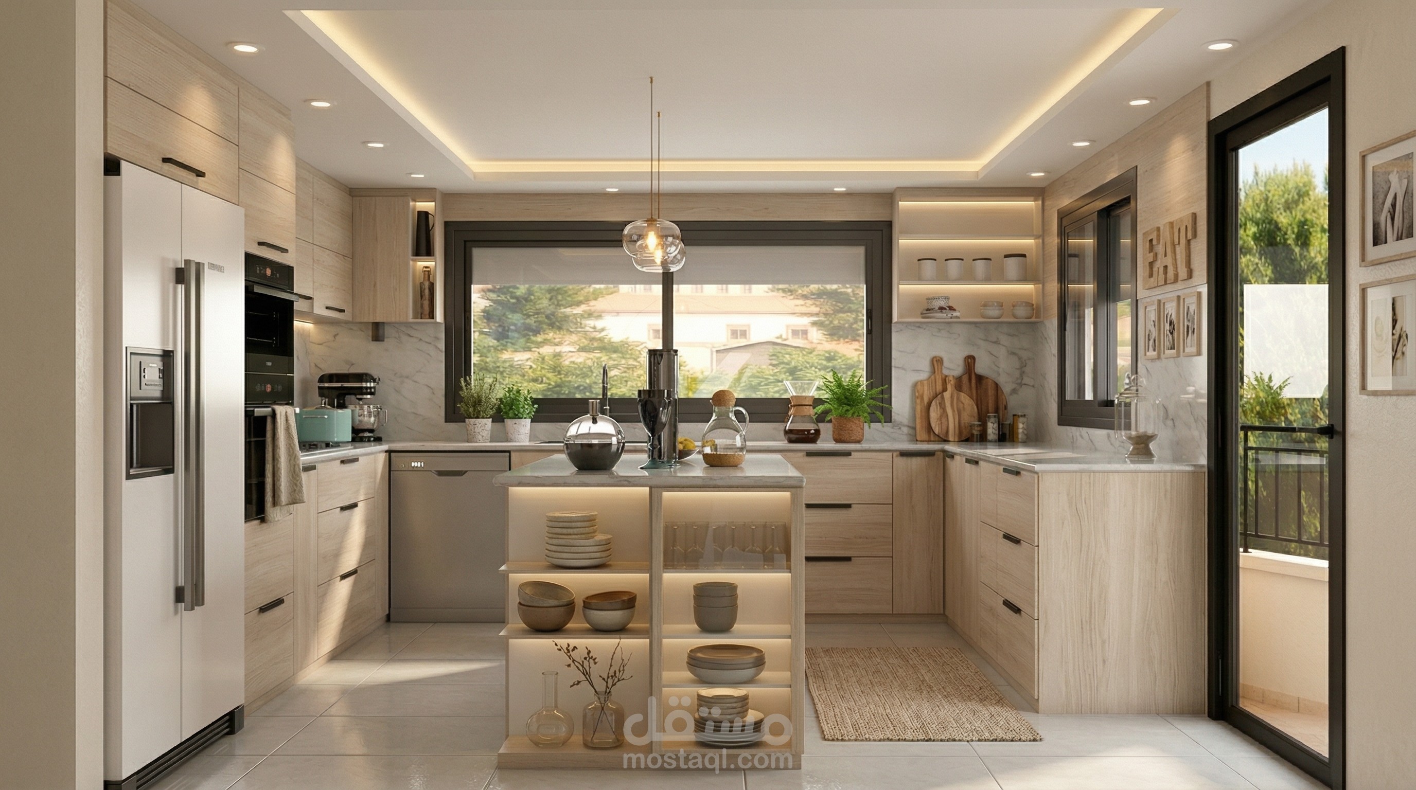 تصميم مطبخ عصري مفتوح بإضاءة دافئة