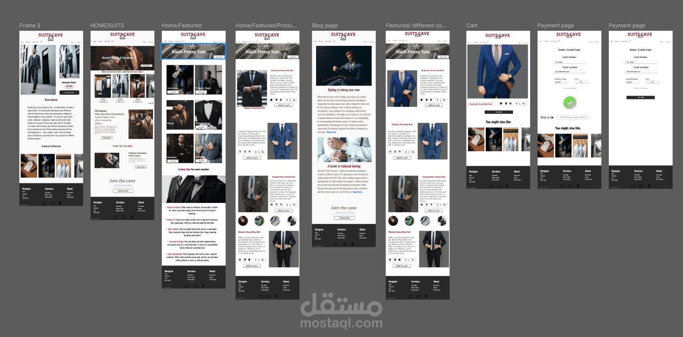 تصميم واجهات UX/UI لموقع تجارة إلكترونية لبيع البدل الرجالية