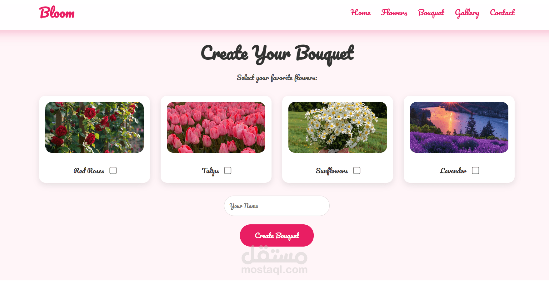 Bloom هو موقع إلكتروني حديث ومتجاوب لمتجر زهور، تم تصميمه لعرض تشكيلة متنوعة من الزهور الطبيعية والباقات بطريقة أنيقة وجذابة، مع التركيز على توفير تجربة مستخدم سلسة عبر مختلف الأجهزة.