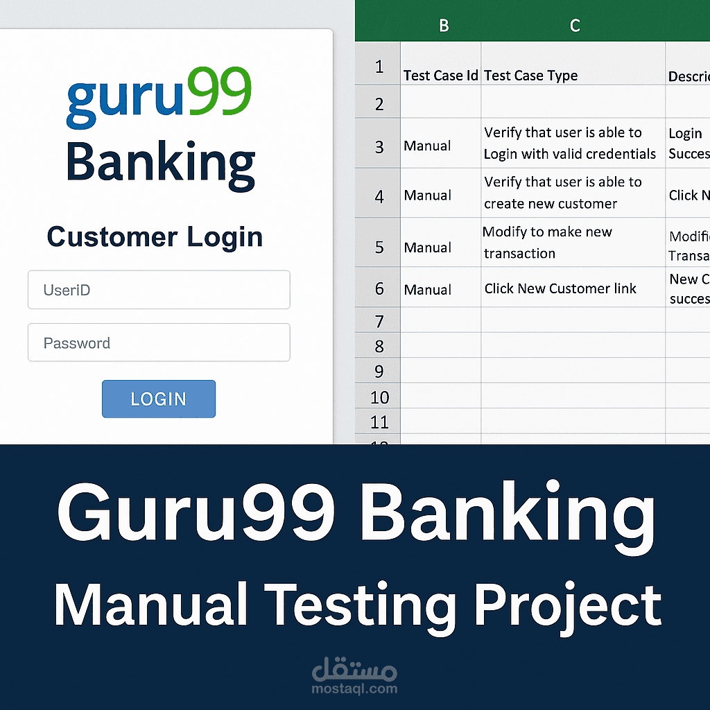 إعداد مشروع اختبار شامل لموقع Guru99 Banking (Manual Testing + Test Cases)