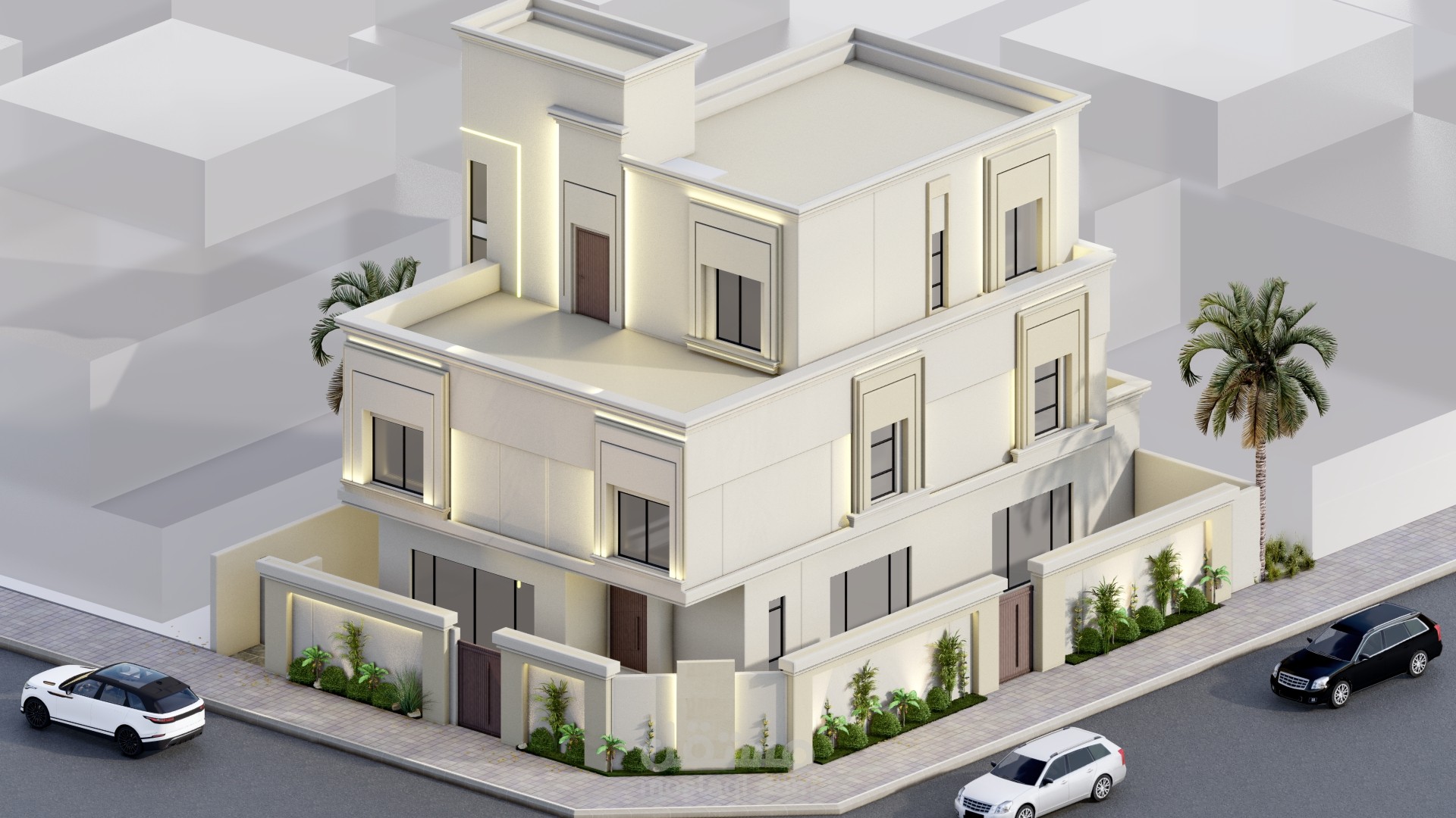 تصميم واجهة فيلا كلاسيك في حي القيروان