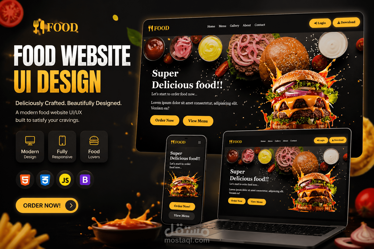 تصميم وتطوير واجهة مستخدم لموقع مطعم احترافي (Responsive Food Landing Page).