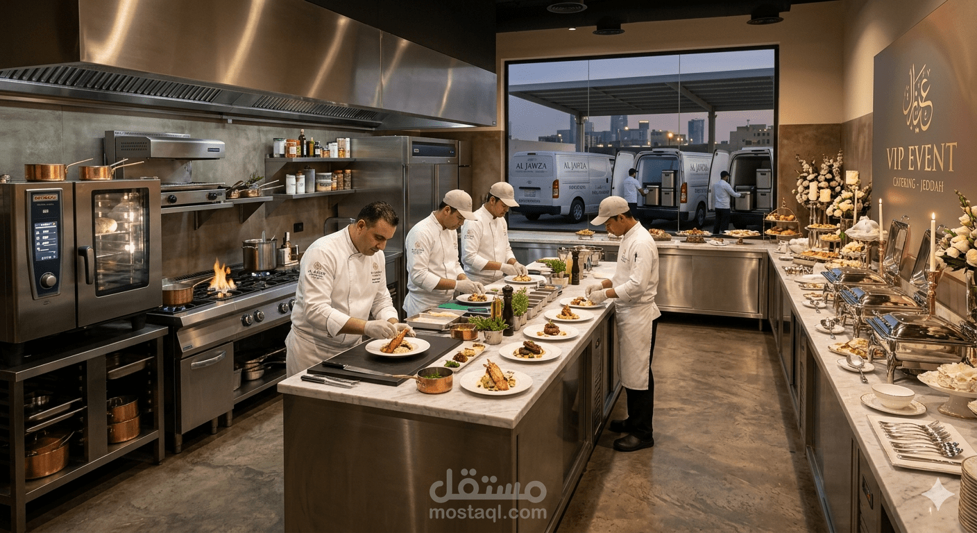 إعداد دراسة جدوى احترافية لمشروع مطبخ مركزي فاخر (VIP Catering) مع نموذج مالي Excel