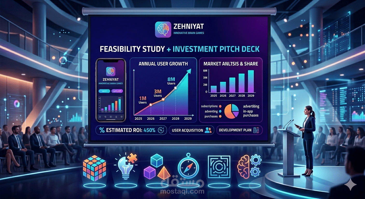 إعداد دراسة جدوى + Pitch Deck استثماري لتطبيق ألعاب مبتكر