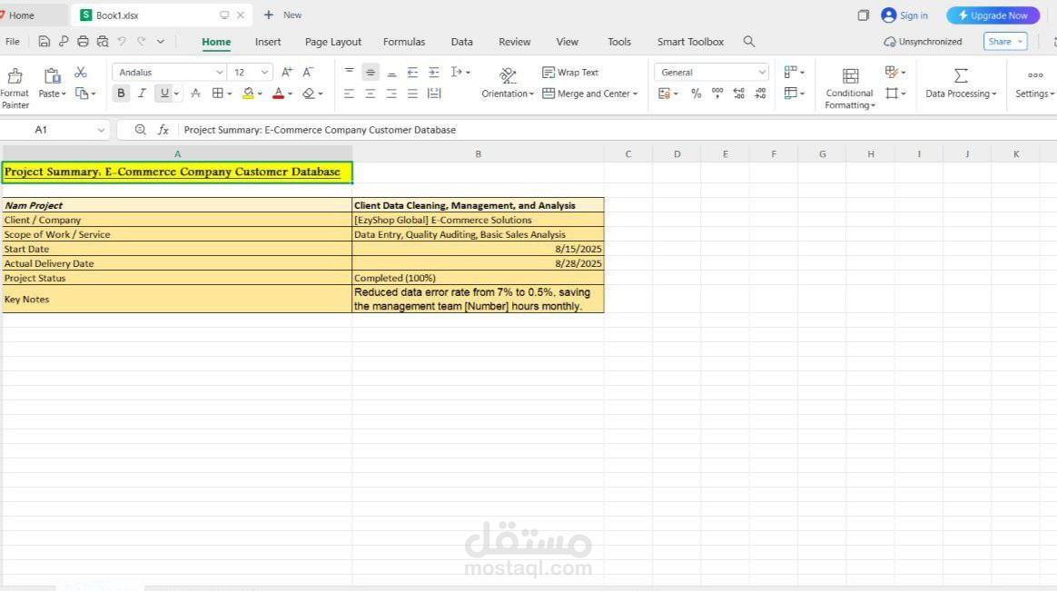خبير إدخال وتنظيف وتحليل البيانات (Excel/Sheets) | تدقيق جودة البيانات وضمان الدقة.