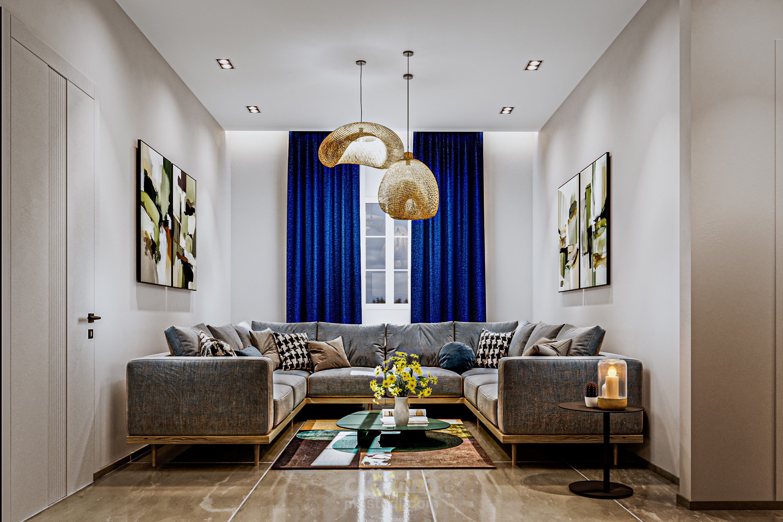 تصميم غرفة معيشة مودرن بألوان هادئة وإضاءة طبيعية وصناعية | Modern Living Room Design