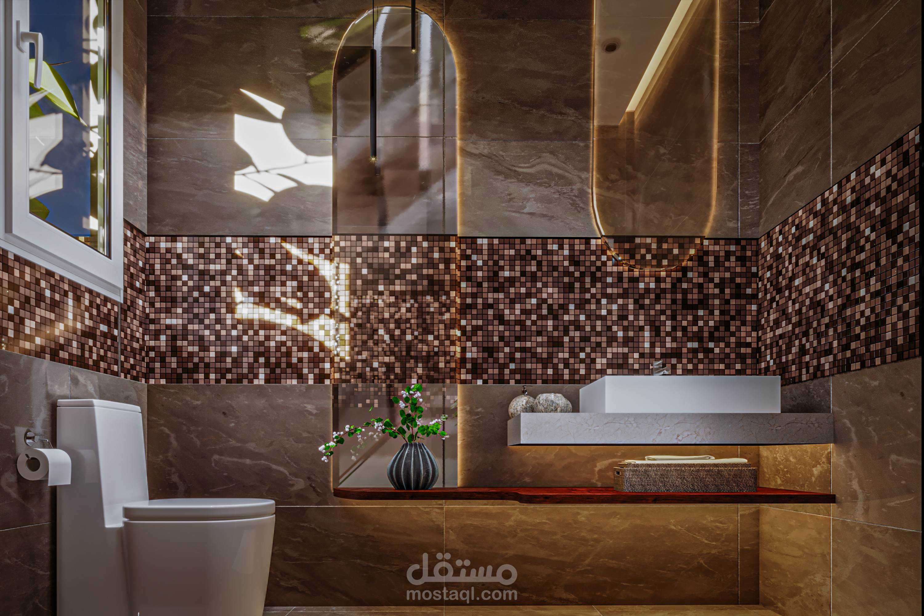 تصميم حمام ضيوف عصري بتفاصيل فريدة من المرايا والسيراميك المزخرف | Modern Guest Bathroom Design
