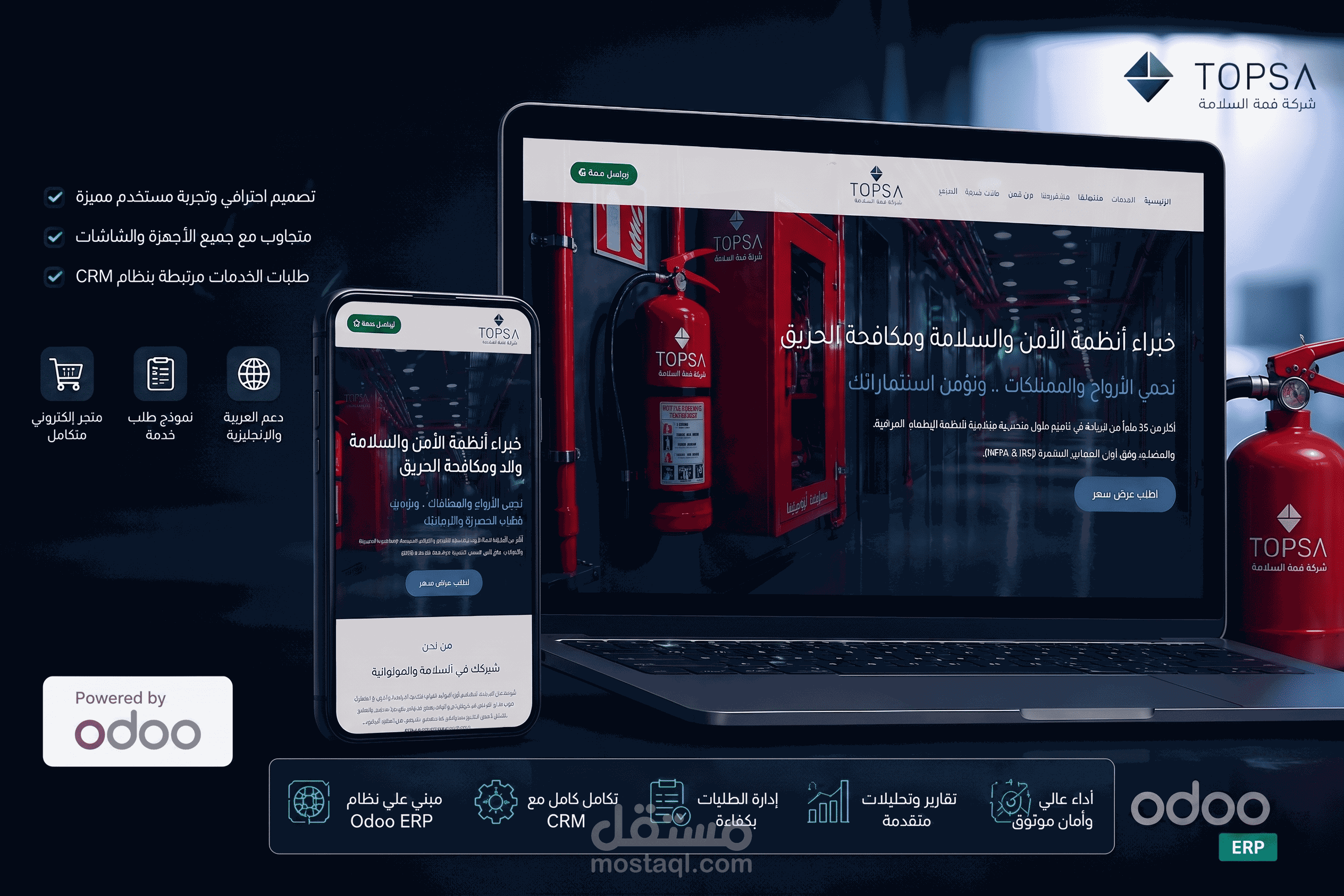 تصميم وتطوير موقع إلكتروني احترافي لشركة أمن وسلامة وربطه بنظام Odoo ERP و CRM