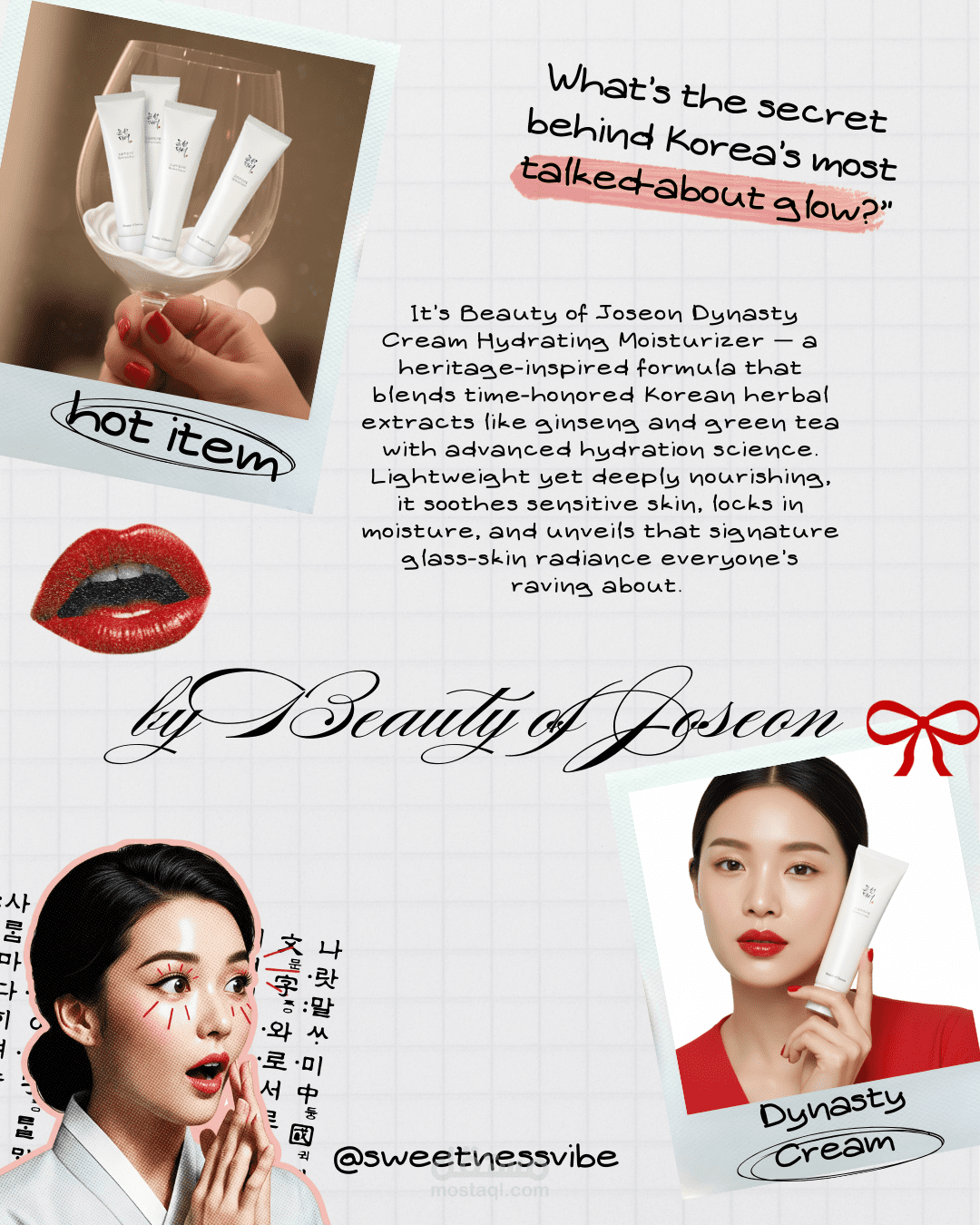 تصميم إعلان لمنشور على منصة إنستغرام يروج لـ كريم 'داينستي' المرطب من 'بيوتي أوف جوسون' (Beauty of Joseon Dynasty Cream).