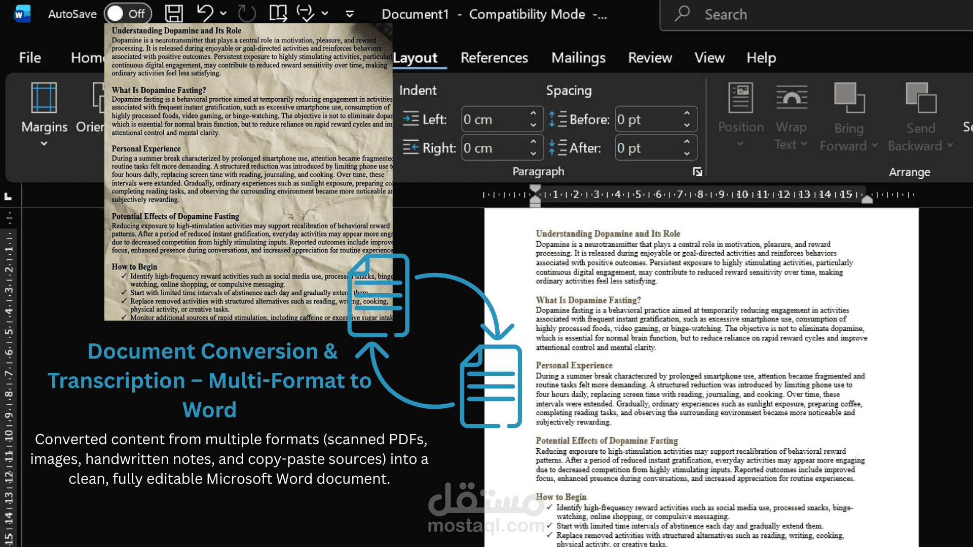 تحويل مقال حول "Dopamine Fasting" من PDF إلى Word