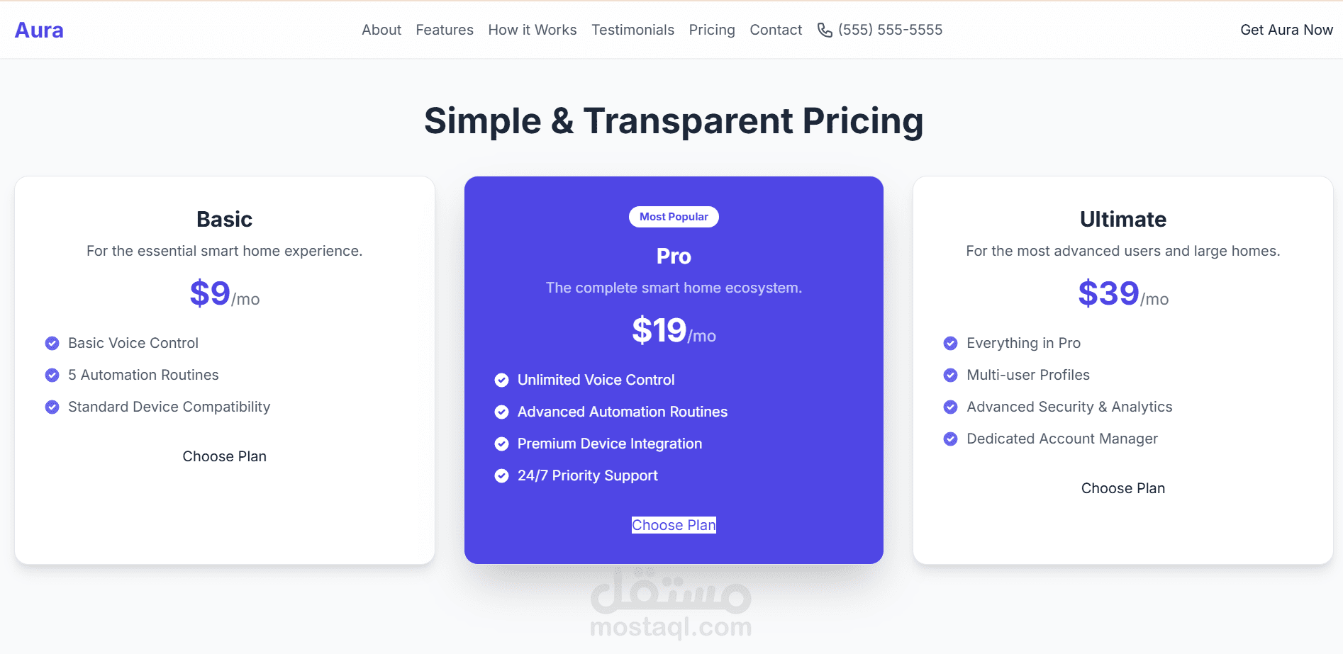 تصميم موقع وصفحة هبوط لشركة المتخصصة في خدمات المنازلل الحديثة والتكنولوجية Aura - مساعد المنزل الذكي