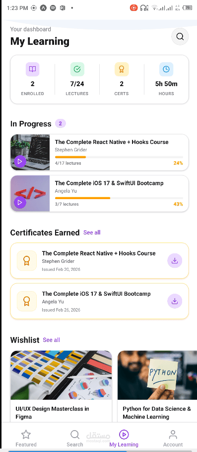 تطوير تطبيق تعليمي احترافي (LMS / EdTech) مثل Udemy وCoursera باستخدام React Native