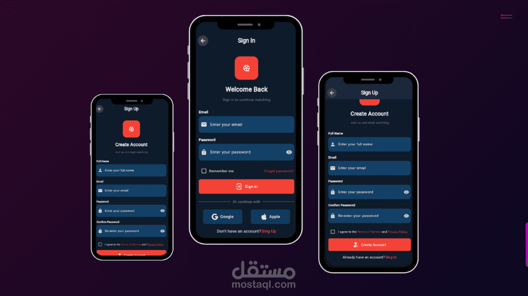 Login screen and Signup screen of Movie app