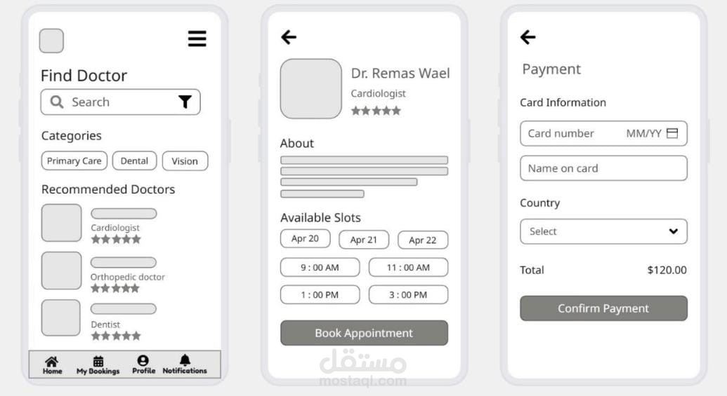 wireframe لتطبيق حجز دكتور