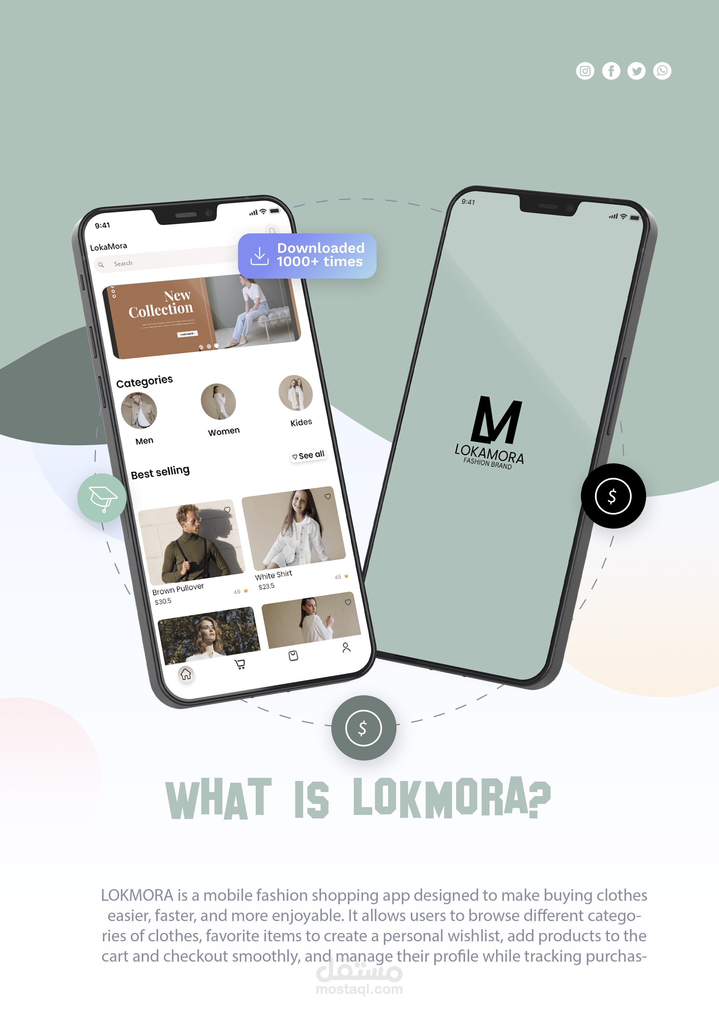 تصميم واجهات تطبيق موبايل "Lokmora" لمتجر الملابس (Adobe XD)