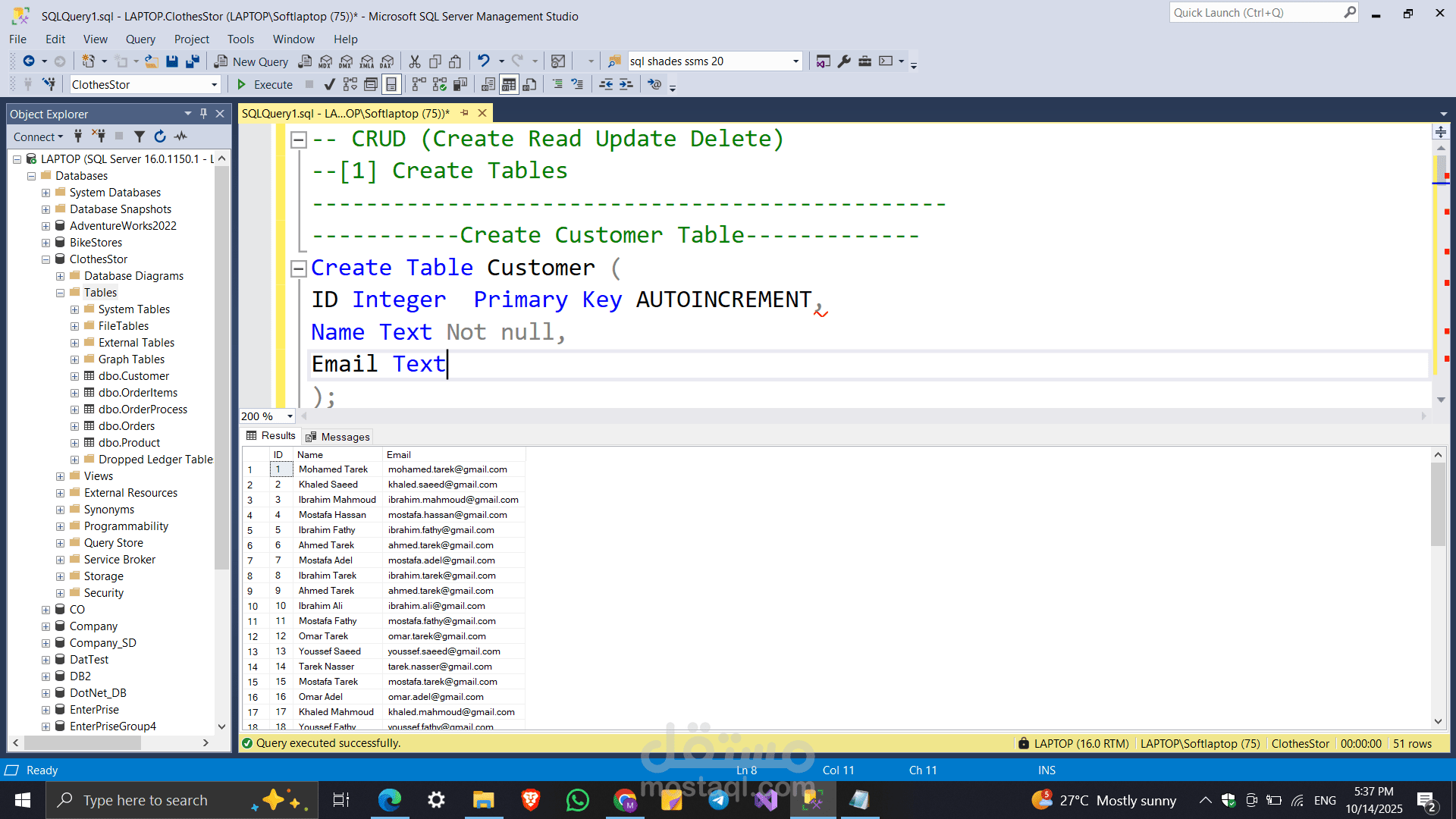 تصميم قاعدة بيانات وكتابة استعلامات SQL Server لمتجر إلكتروني للملابس