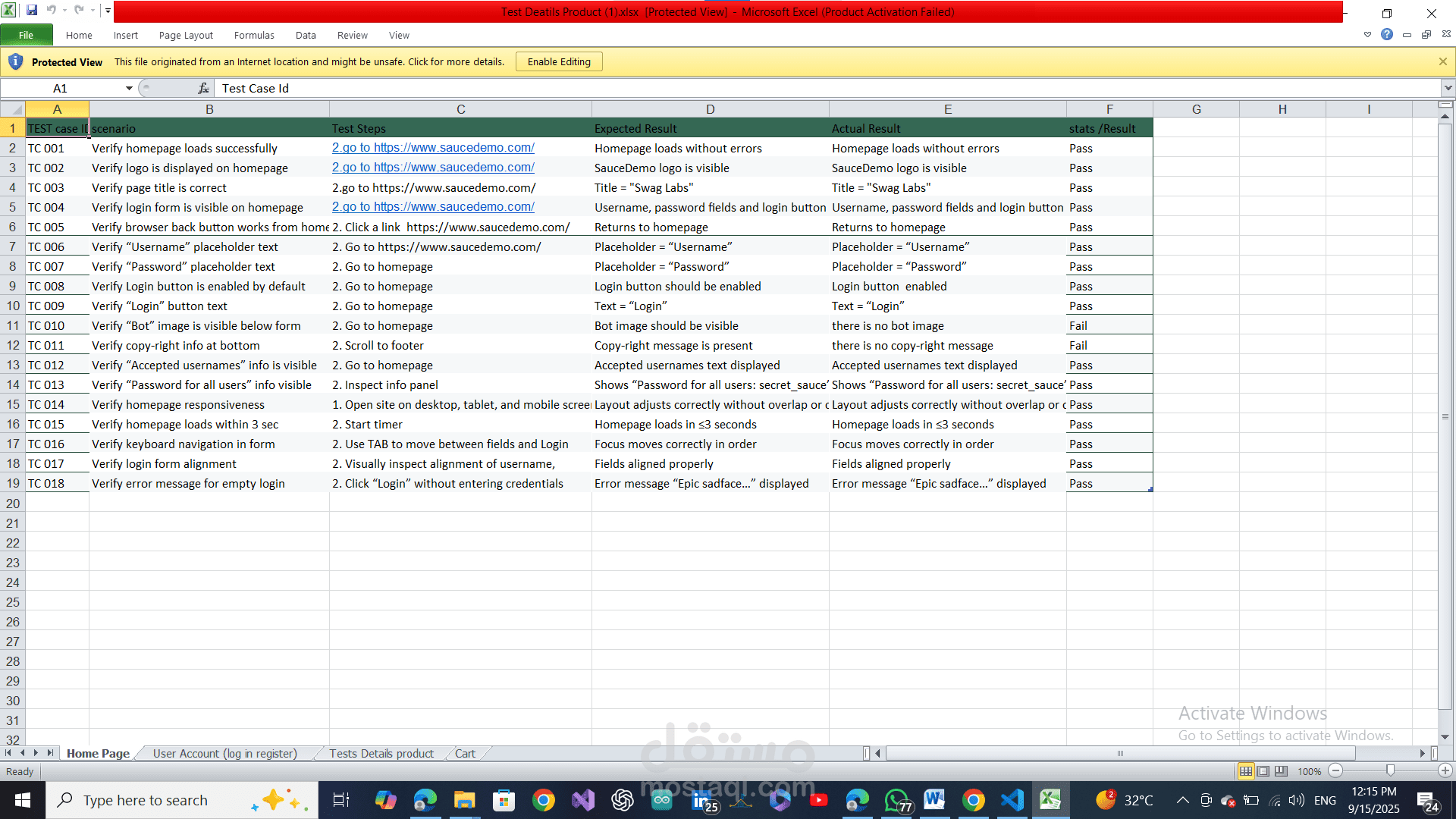 Manual test for the site ٍSwag Labs