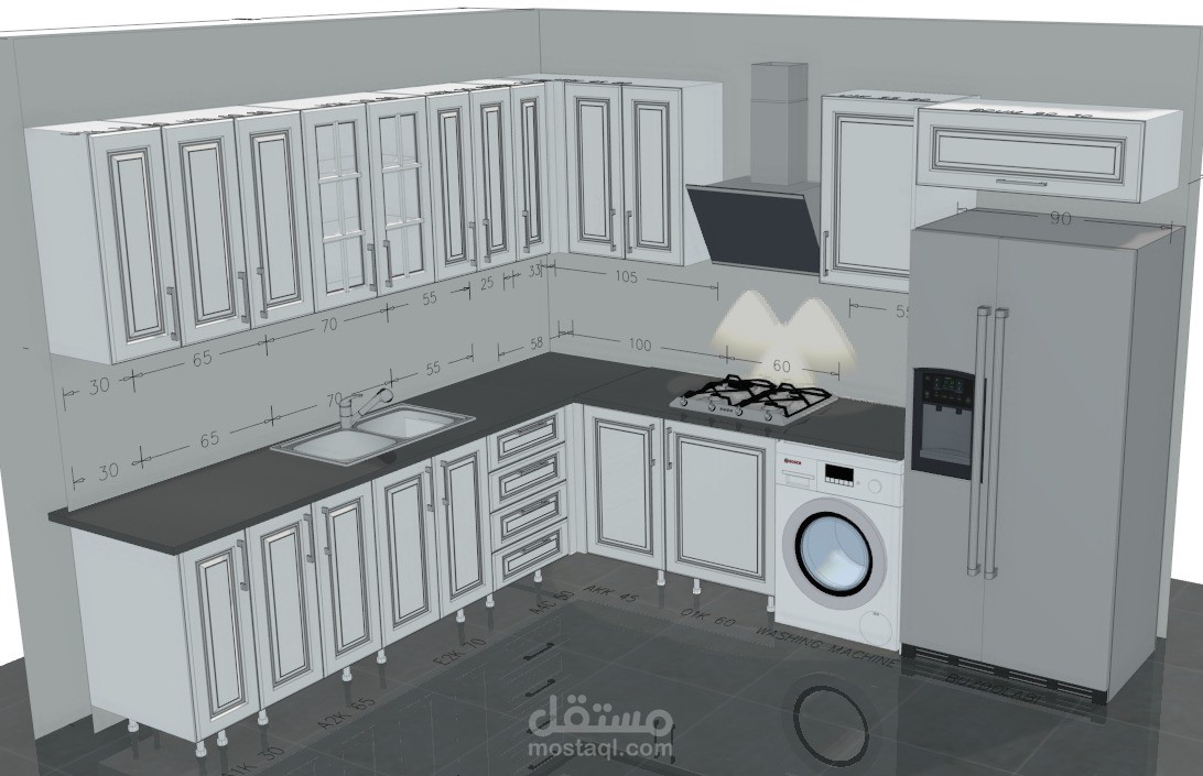 تصميم مطبخ بدقة عالية وفقا للقياسات المعطاه