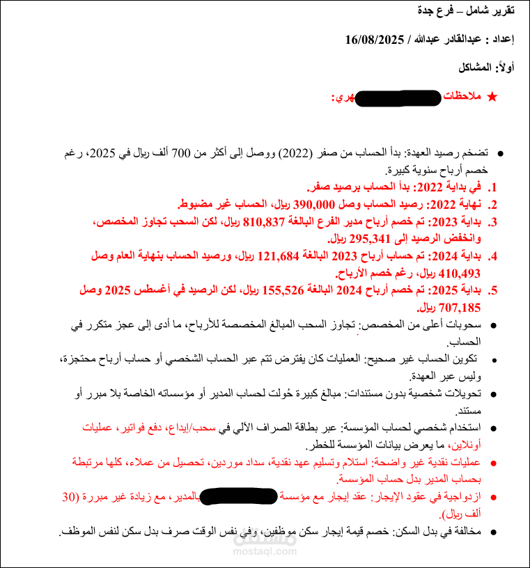 اعداد تقرير داخلي وكشف احتيال احد الفروع
