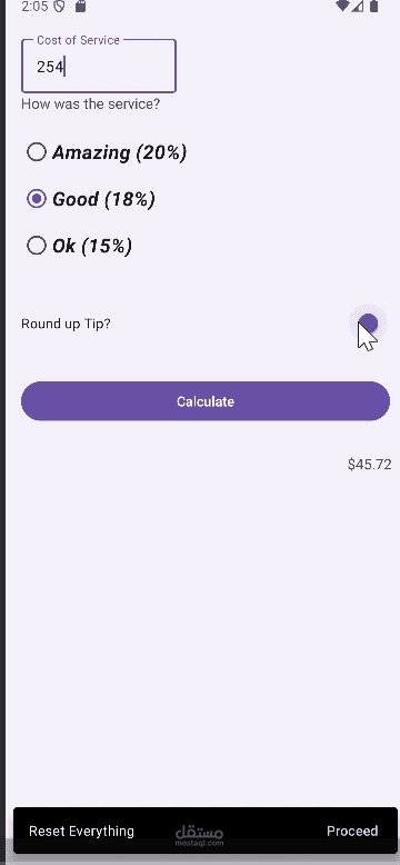 This Android app is a Tip Calculator that quickly computes the tip based on service cost and quality, with options to select service level and round to the nearest whole number.