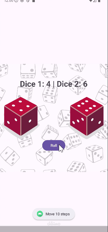 This Android app is a simple dice roller built with Kotlin. With a tap of the “Roll” button, it randomly generates numbers for two dice, updates their images, shows the results, and displays the total steps in a Toast message.
