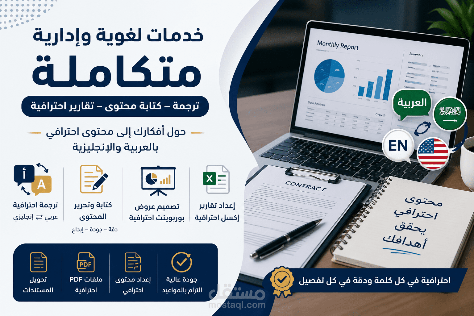 خدمات احترافية متكاملة للترجمة وكتابة المحتوى وإعداد التقارير والعروض التقديمية.
