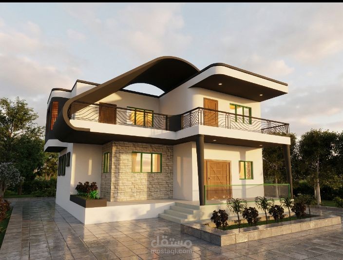 تصميم معماري مودرن لمنزل سكني (أرضي + أول) بتصميم سقف بلكونة انسيابي