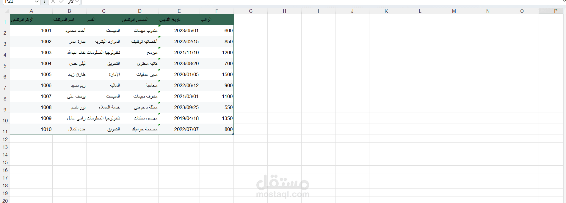 إدخال وتنسيق بيانات الموظفين بالإكسل