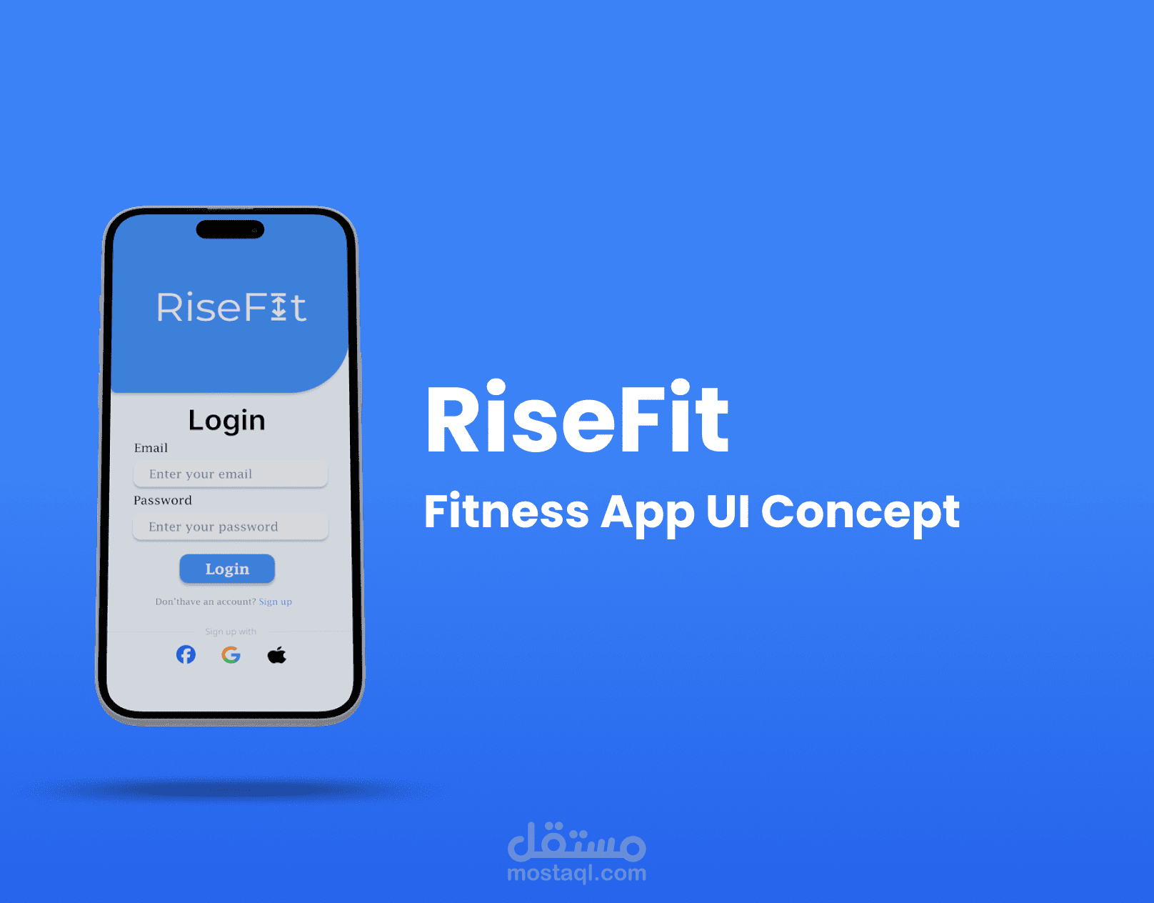 RiseFit – تصميم واجهة تسجيل دخول وتسجيل حساب لتطبيق لياقة بدنية