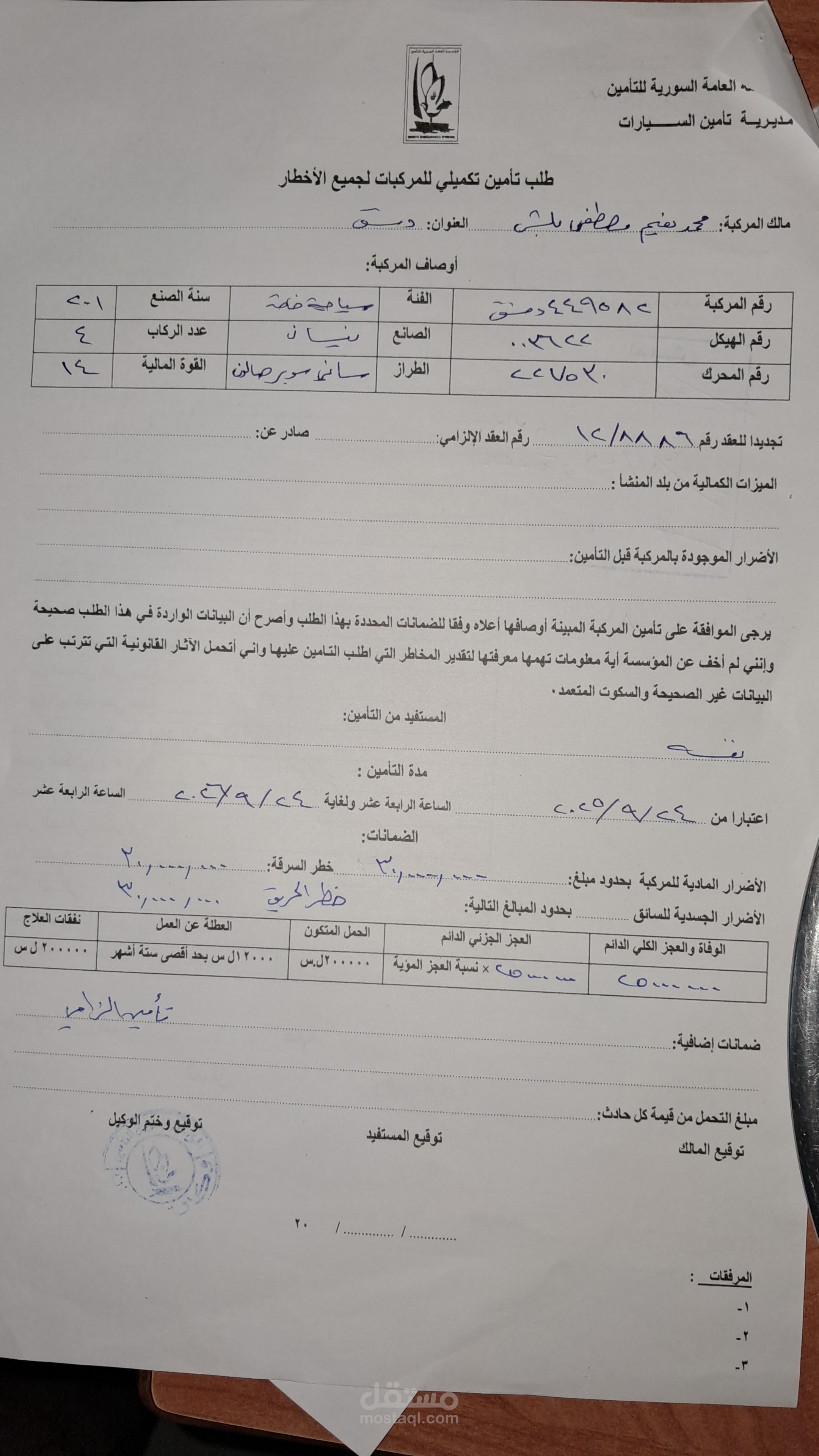 طلب  تأميني تكميلي للمركبات  لجميع الأخطار