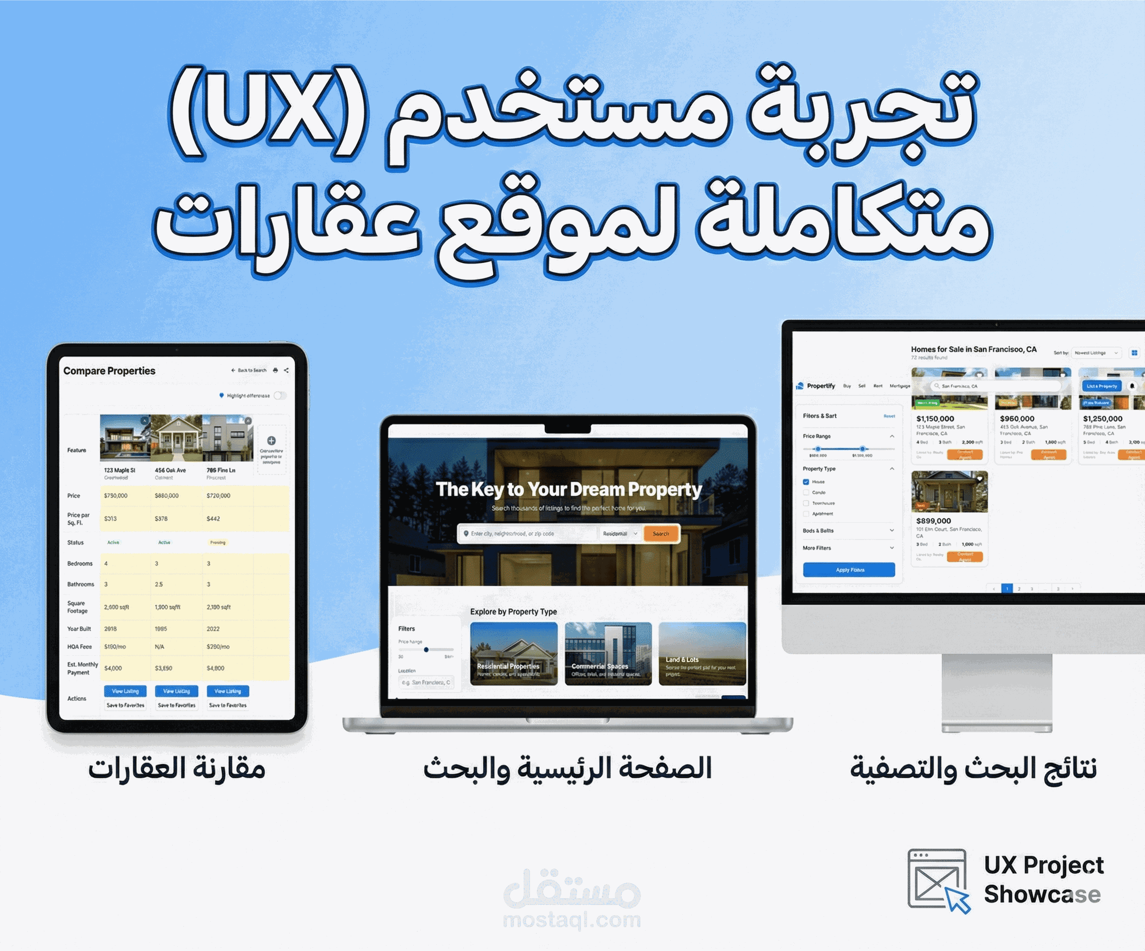 تصميم تجربة مستخدم لموقع عقارات يسهّل البحث واتخاذ قرار الشراء أو الإيجار