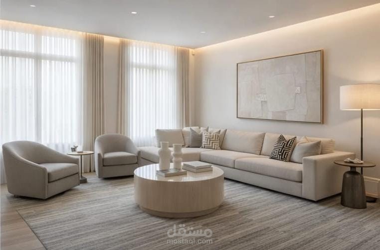 تصميم غرفة معيشة مودرن مينيمال – إخراج معماري ثلاثي الأبعاد