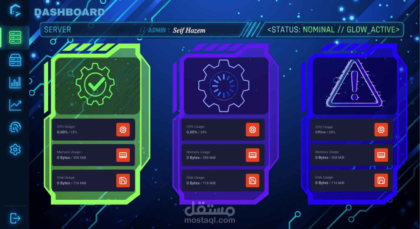 تصميم واجهة مستخدم (UI) احترافية للوحة تحكم سيرفرات بنمط الخيال العلمي والمستقبلي (Sci-Fi Dashboard)