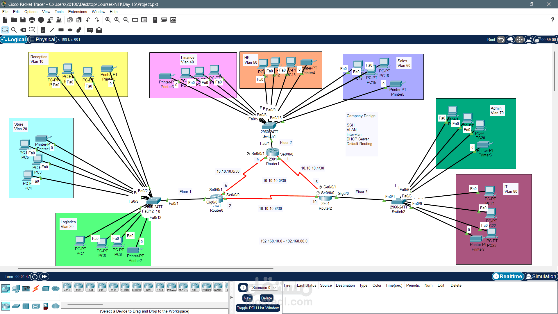 تصميم شبكة شركة باستخدام Cisco Packet Tracer