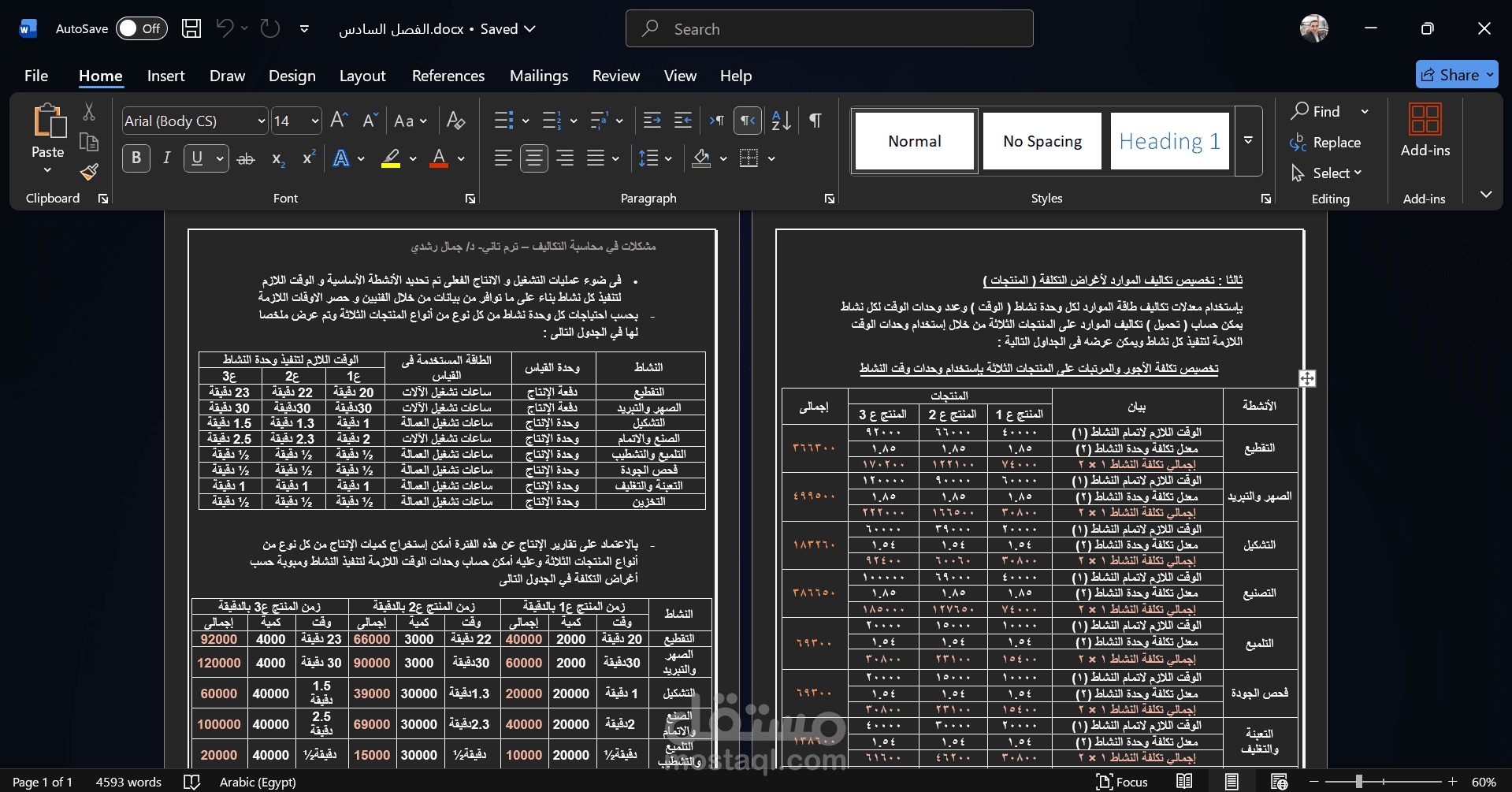 تنسيق مستند Word مع جداول وتحليل بيانات TDABC
