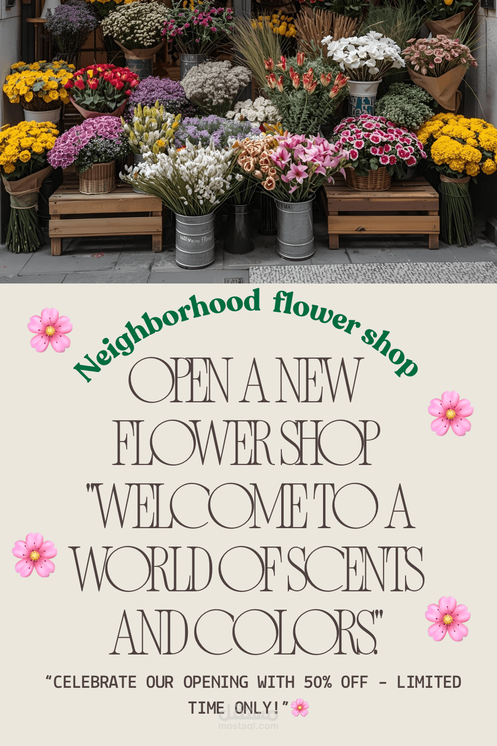 إعلان عن افتتاح محل ورد