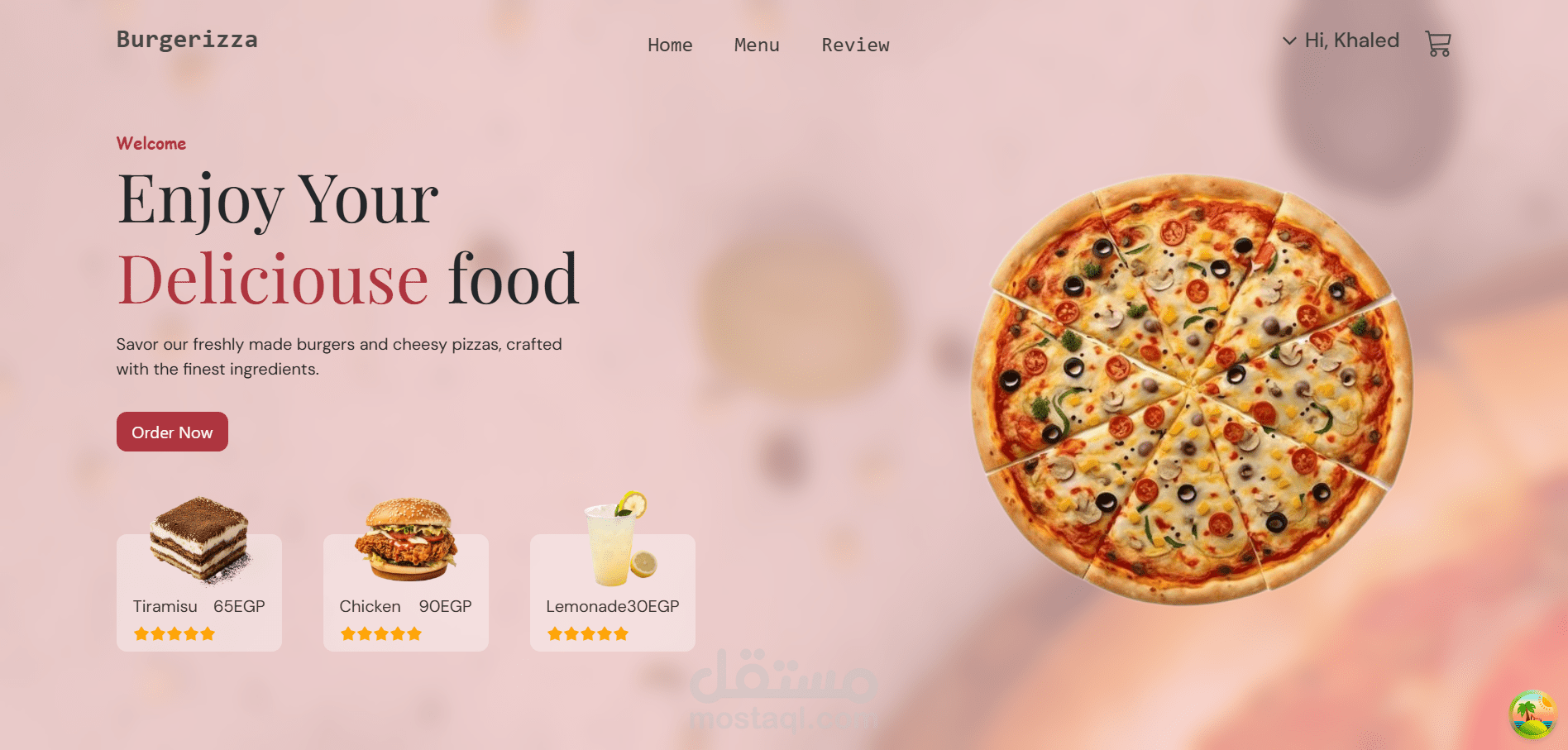 موقع e-commerce (مطعم بيتزا و برجر و مشروبات و حلويات  ) كامل بإستخدام React و يوجد به نافذه التحكم للادمن .