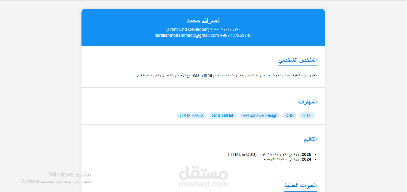 صفحة سيرة ذاتية احترافية CV