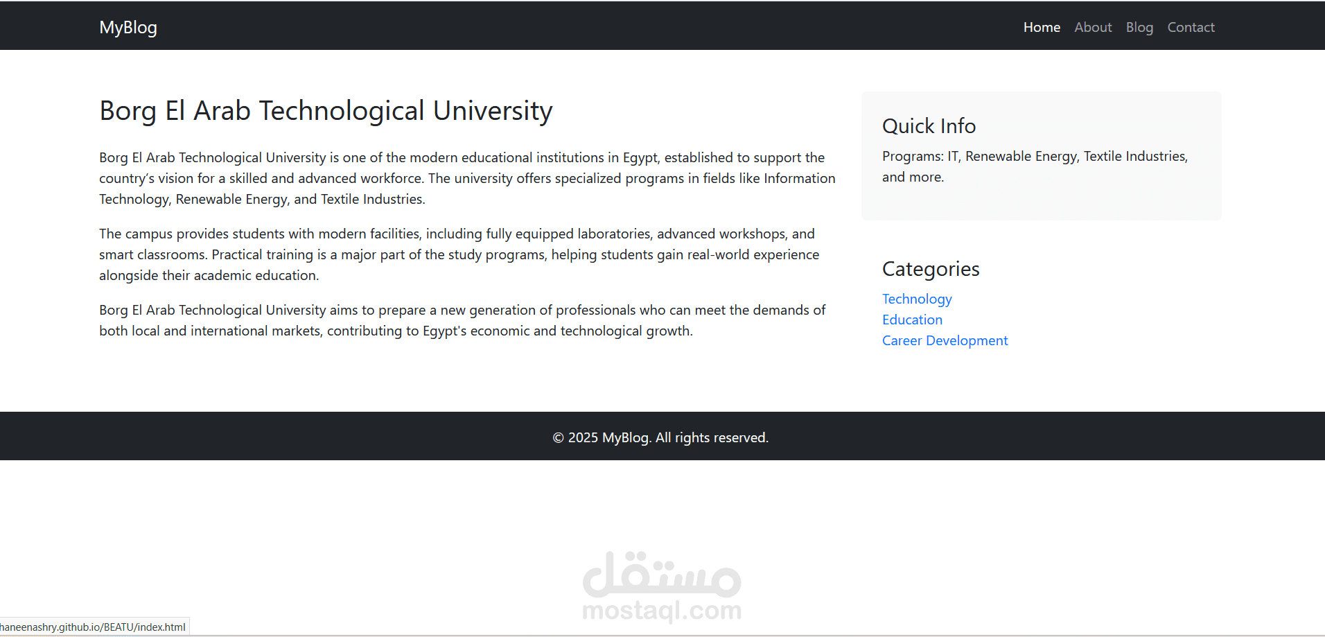 Borg El Arab Technological University – Intro Website (HTML & CSS)